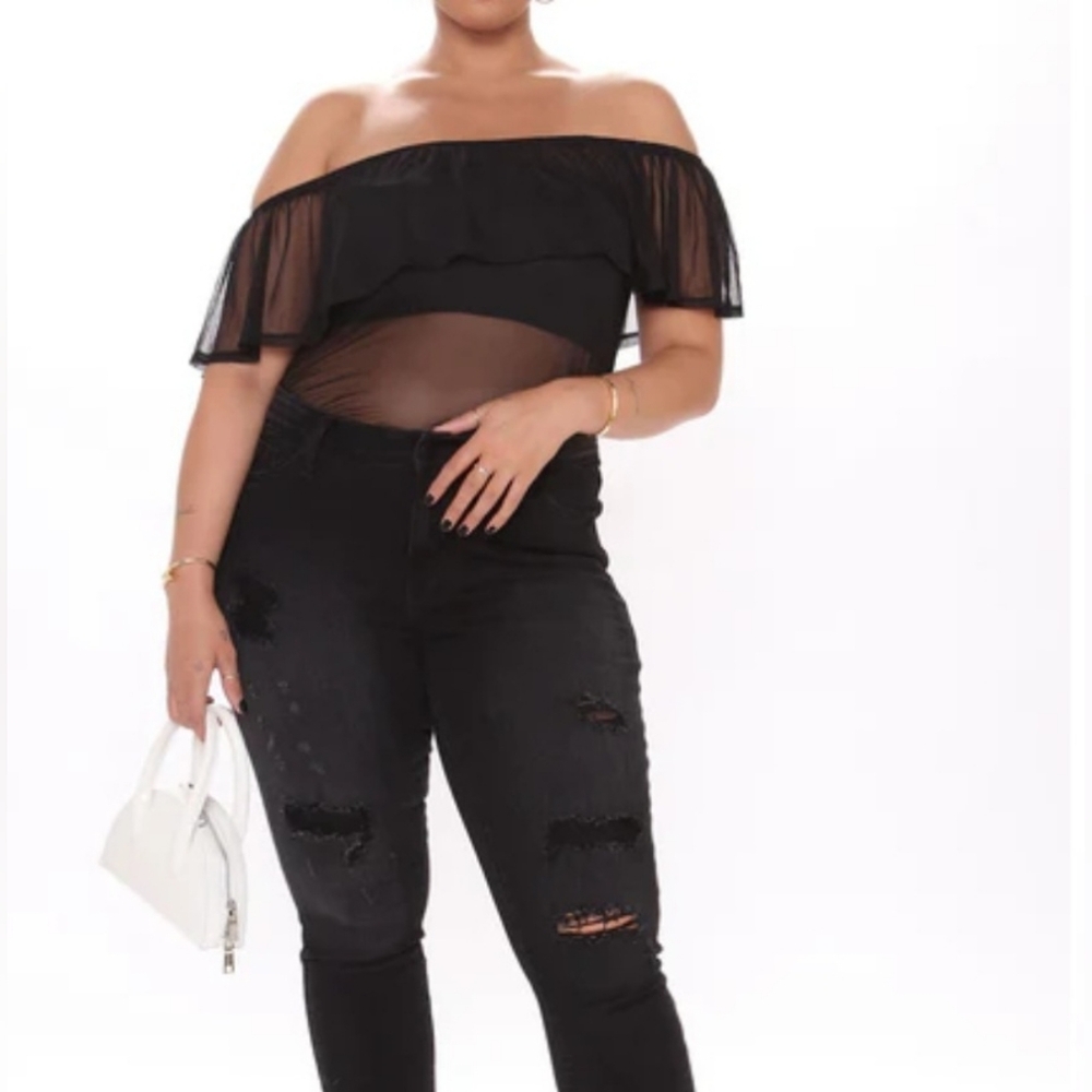 Jolie & Joy Black Mesh Off-The-Shoulder Ruffle Bodysuit - Size Medium NWOT